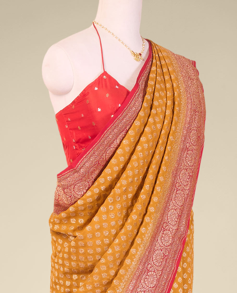 Mustard floral design banaras georgette saree with contrast floral design border