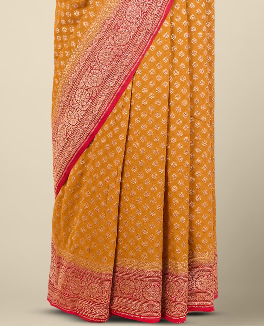 Mustard floral design banaras georgette saree with contrast floral design border