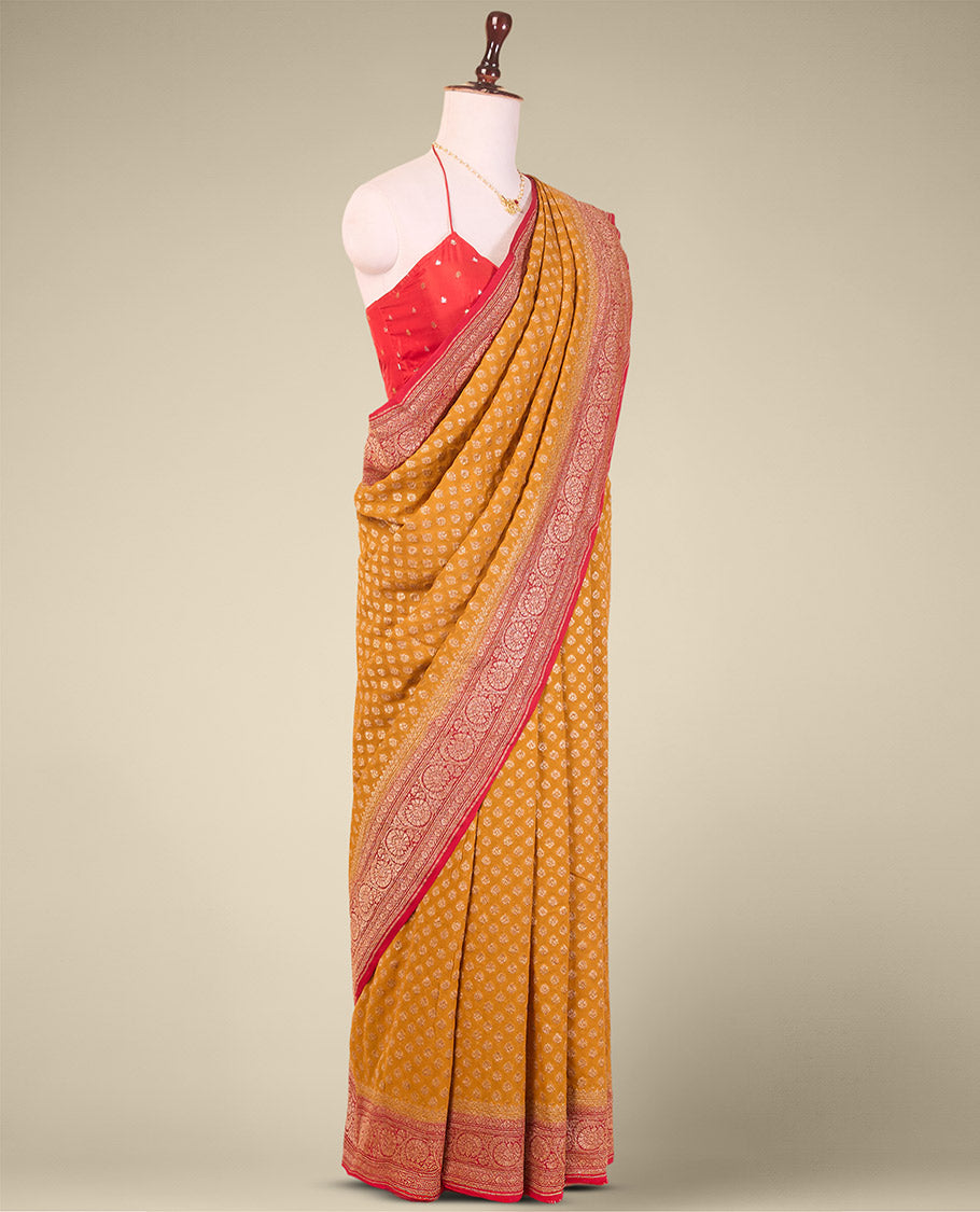Mustard floral design banaras georgette saree with contrast floral design border