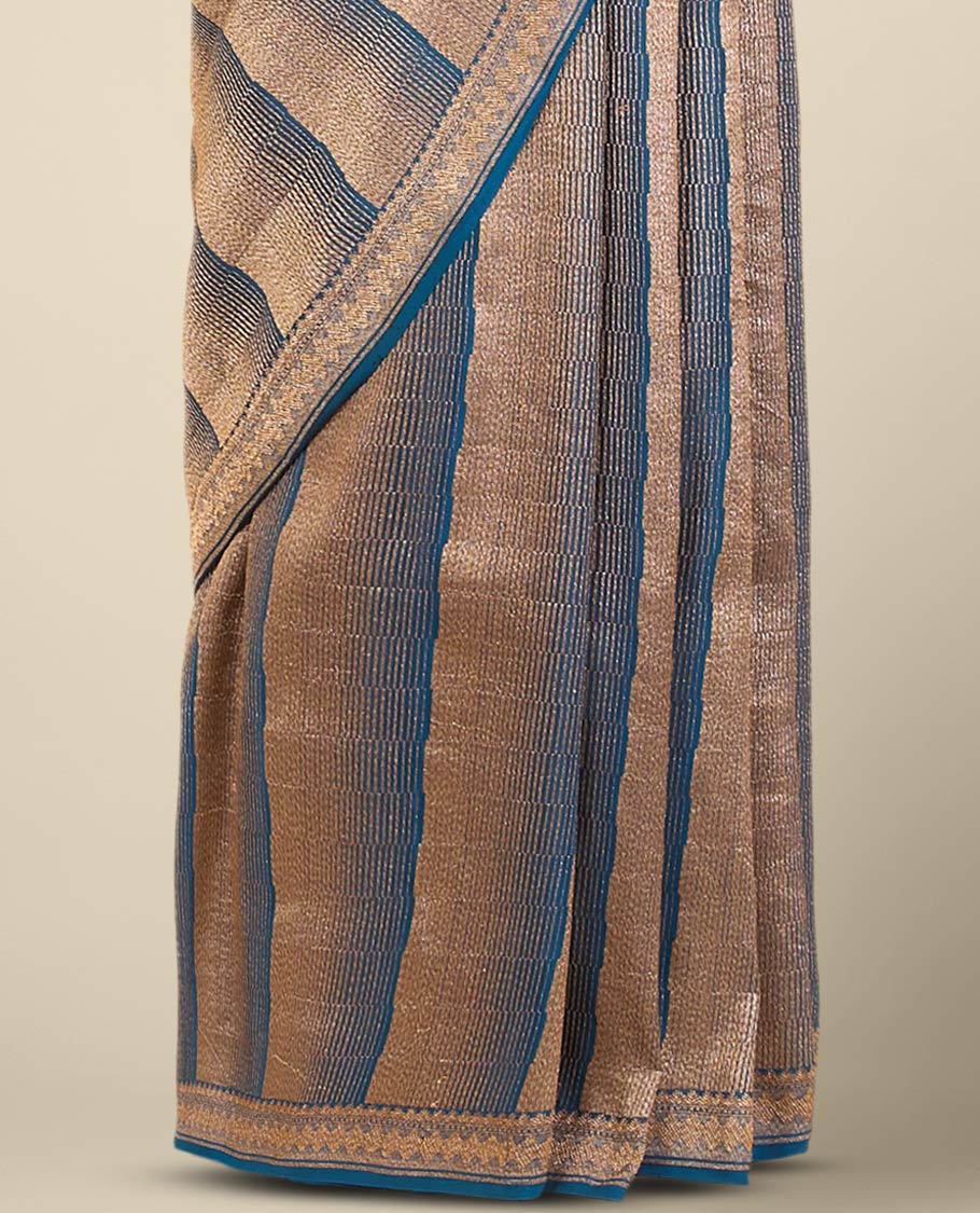 Blue striped crepe saree with self intricate zari design border