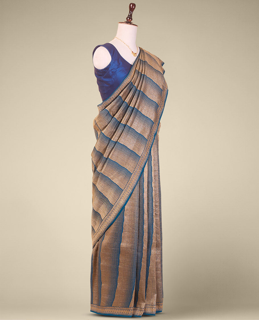 Blue striped crepe saree with self intricate zari design border