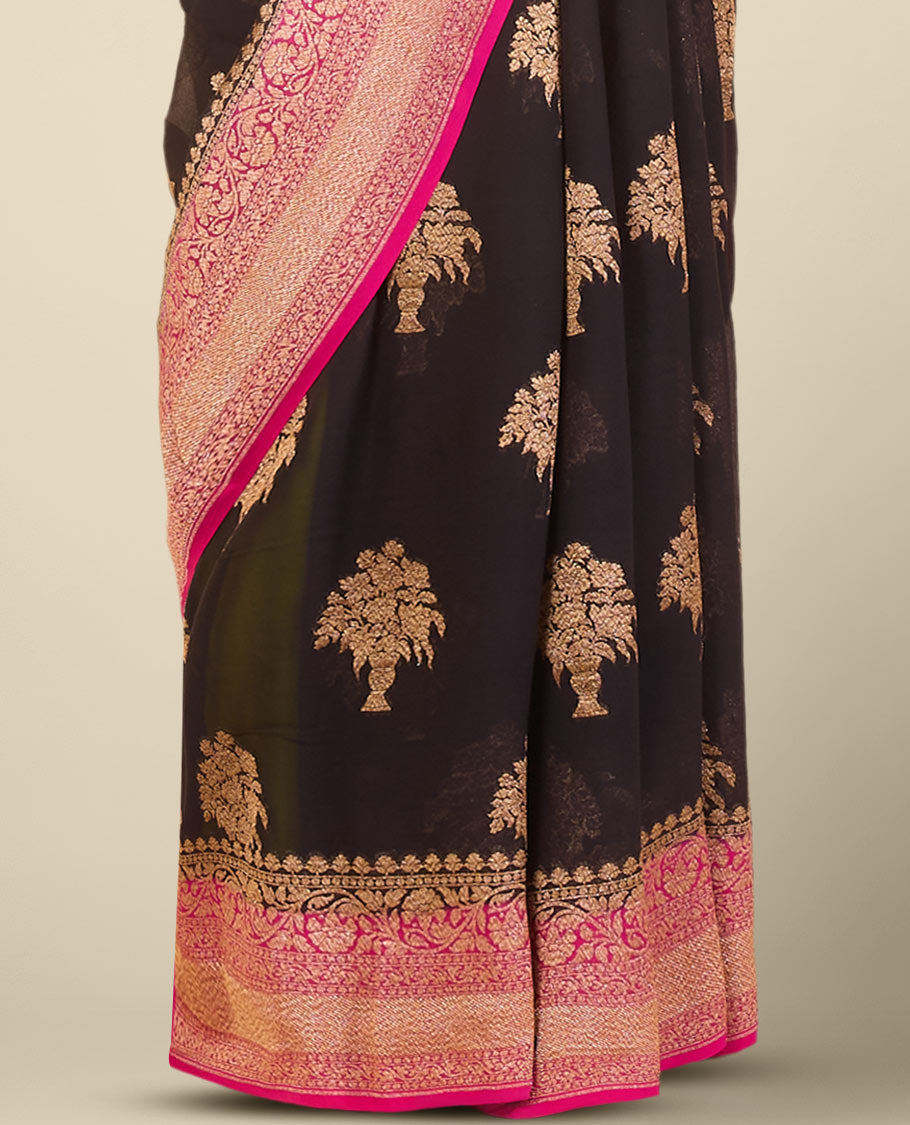 Black floral design banaras georgette saree with contrast intricate floral design border