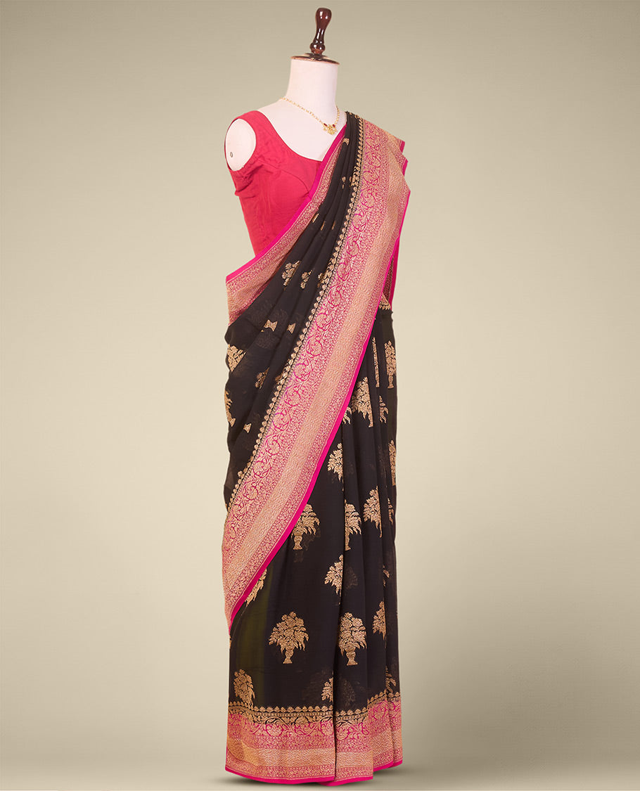 Black floral design banaras georgette saree with contrast intricate floral design border