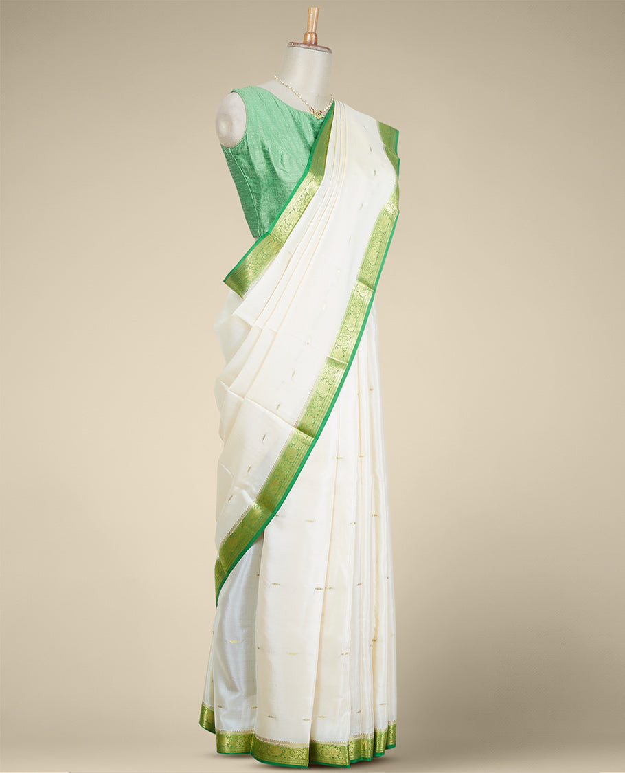 Cream floral buttas mysore silk saree with contrast floral zari design border