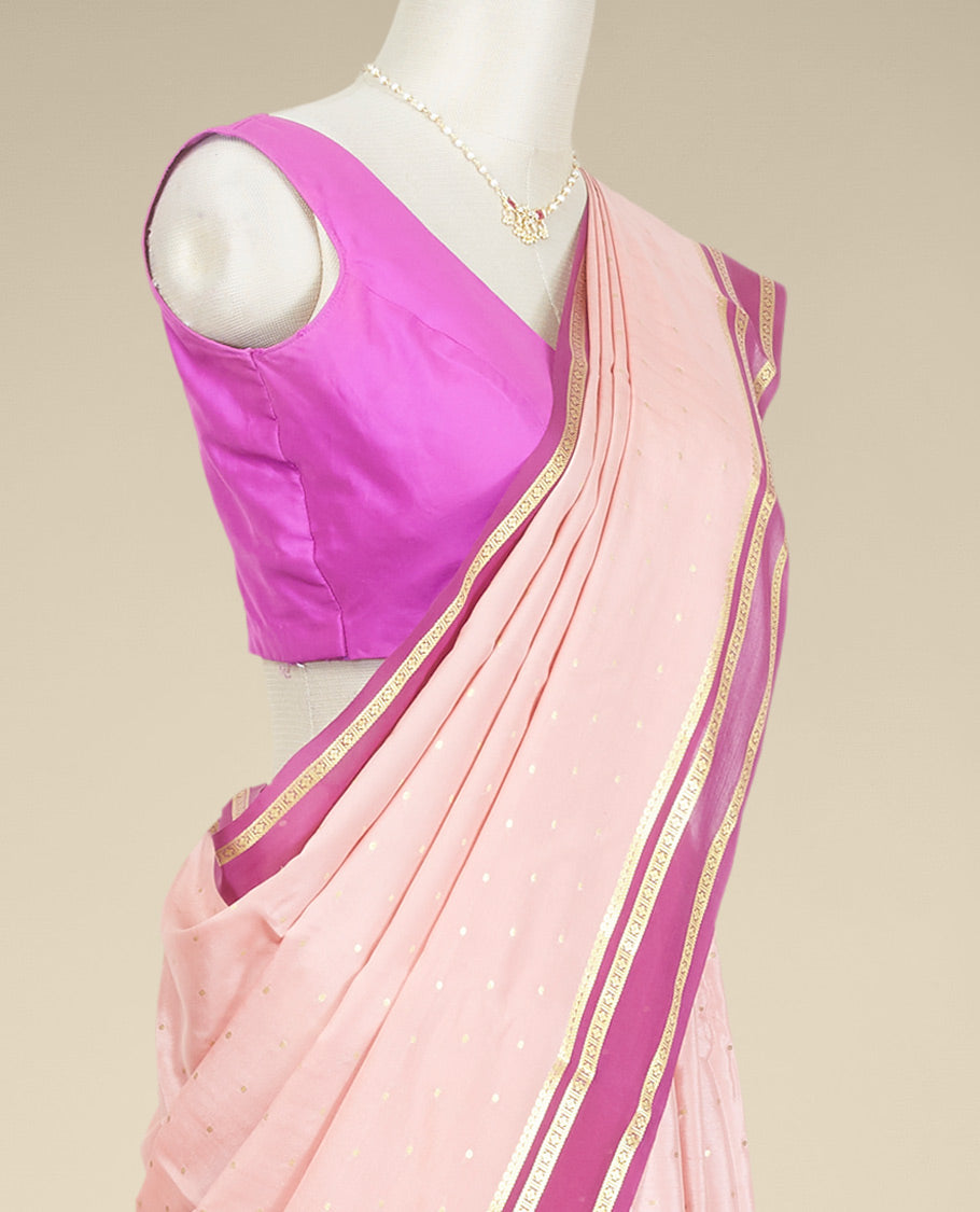 Beige buttas mysore silk saree with contrast rettai pettu zari design border