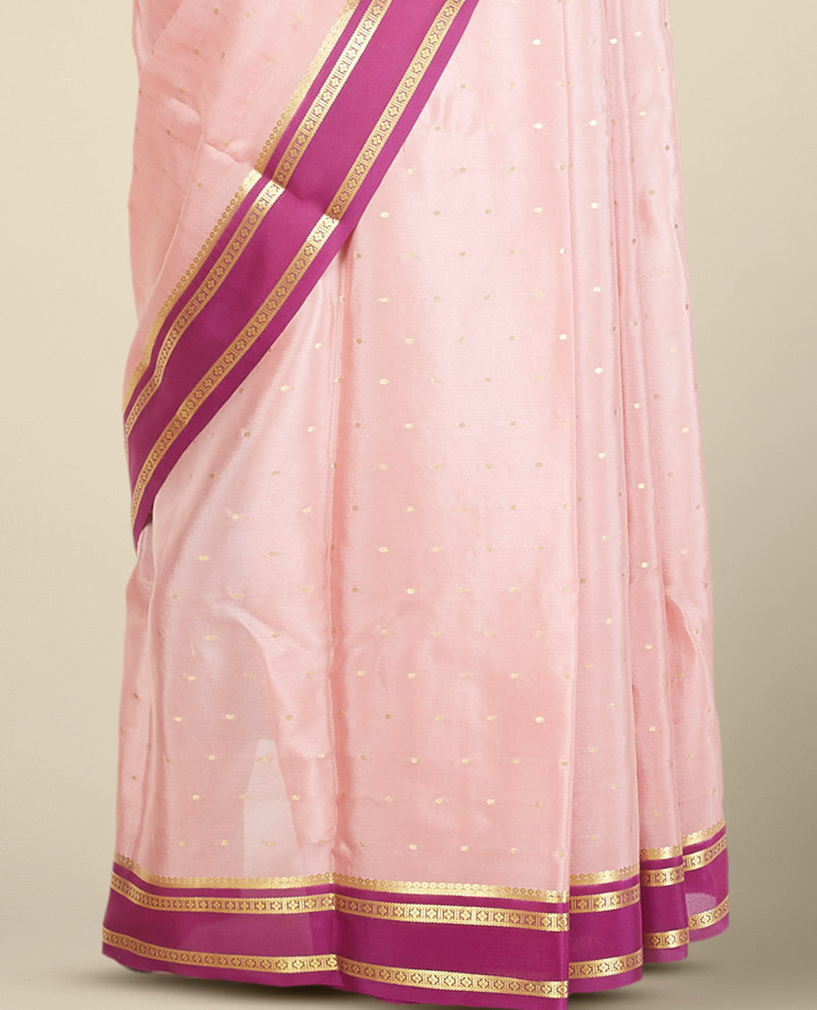 Beige buttas mysore silk saree with contrast rettai pettu zari design border