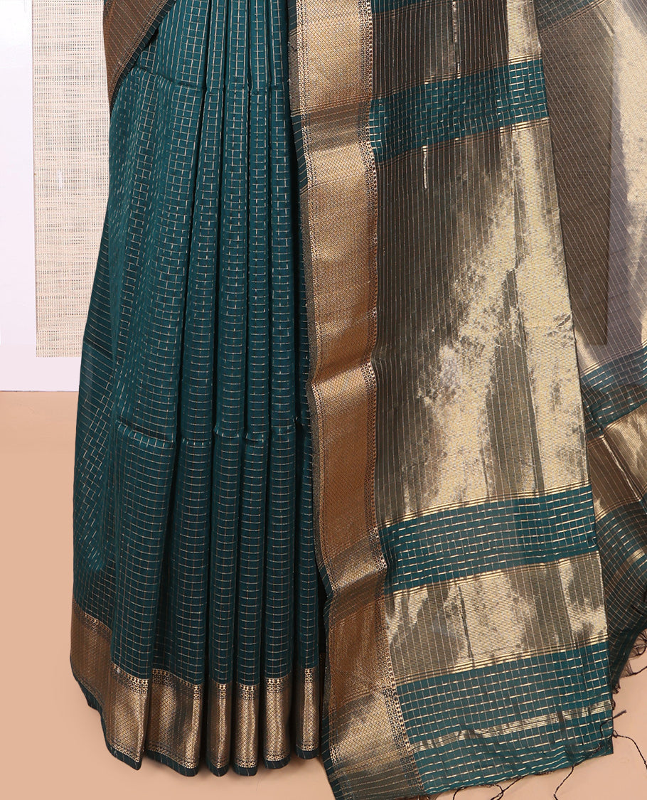 Blue Maheshwari Cotton Saree, Accentuated with Zari Checks, Highlighted by a Traditional Zari Border, Gleaming Zari Woven Pallu, and a Matching Blouse