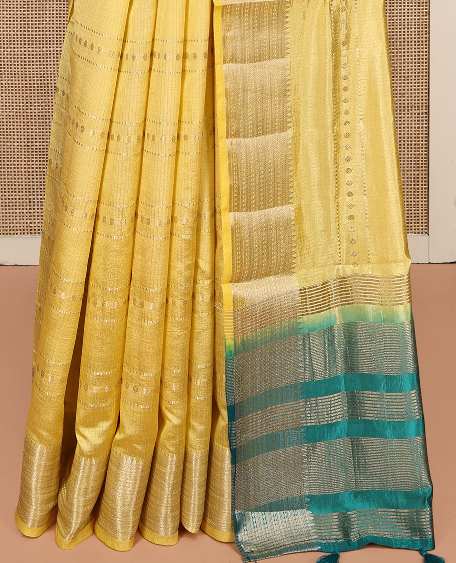 Yellow Dupion Silk Saree, Accentuated with Traditional Zari Designs, Highlighted by Traditional Zari Border, Complemented by a Contrast Zari Striped Pallu, and a Contrast Blouse