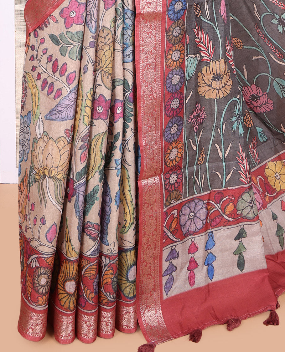 Pale Brown Kalamkari Printed Fancy Tussar Saree