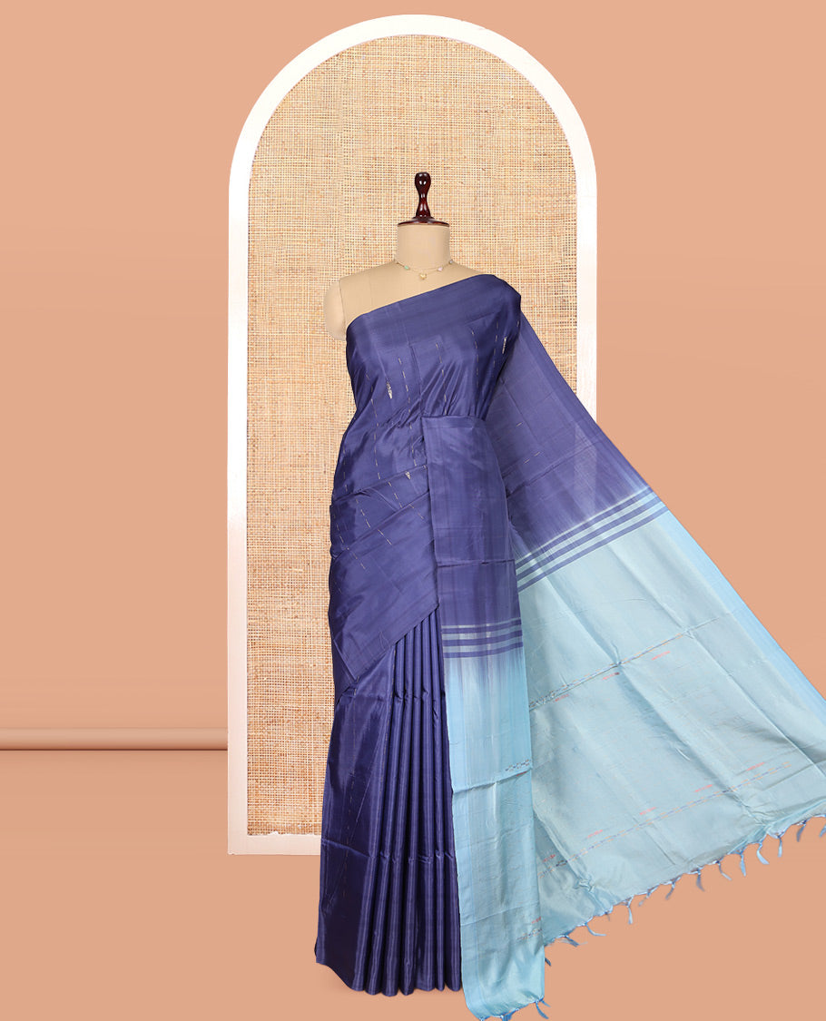 Borderless Blue Banana Pith Saree, Woven with Stripes and Buttas, a Contrast Pallu of Stripes, and a Contrast Blouse