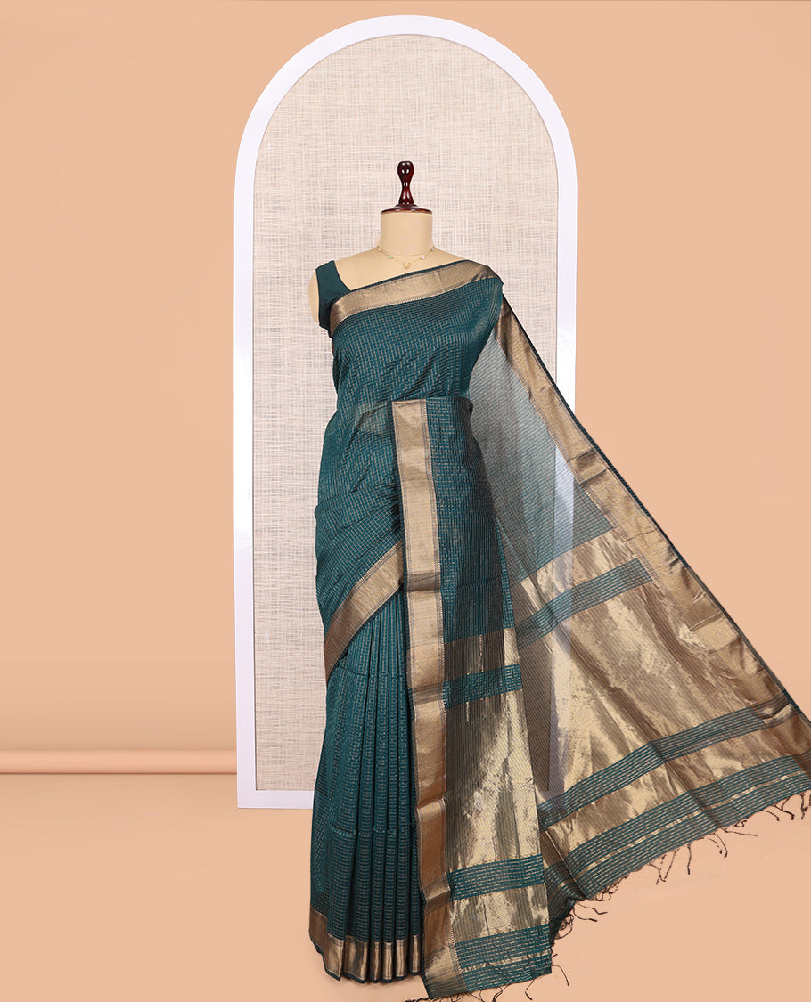 Blue Maheshwari Cotton Saree, Accentuated with Zari Checks, Highlighted by a Traditional Zari Border, Gleaming Zari Woven Pallu, and a Matching Blouse