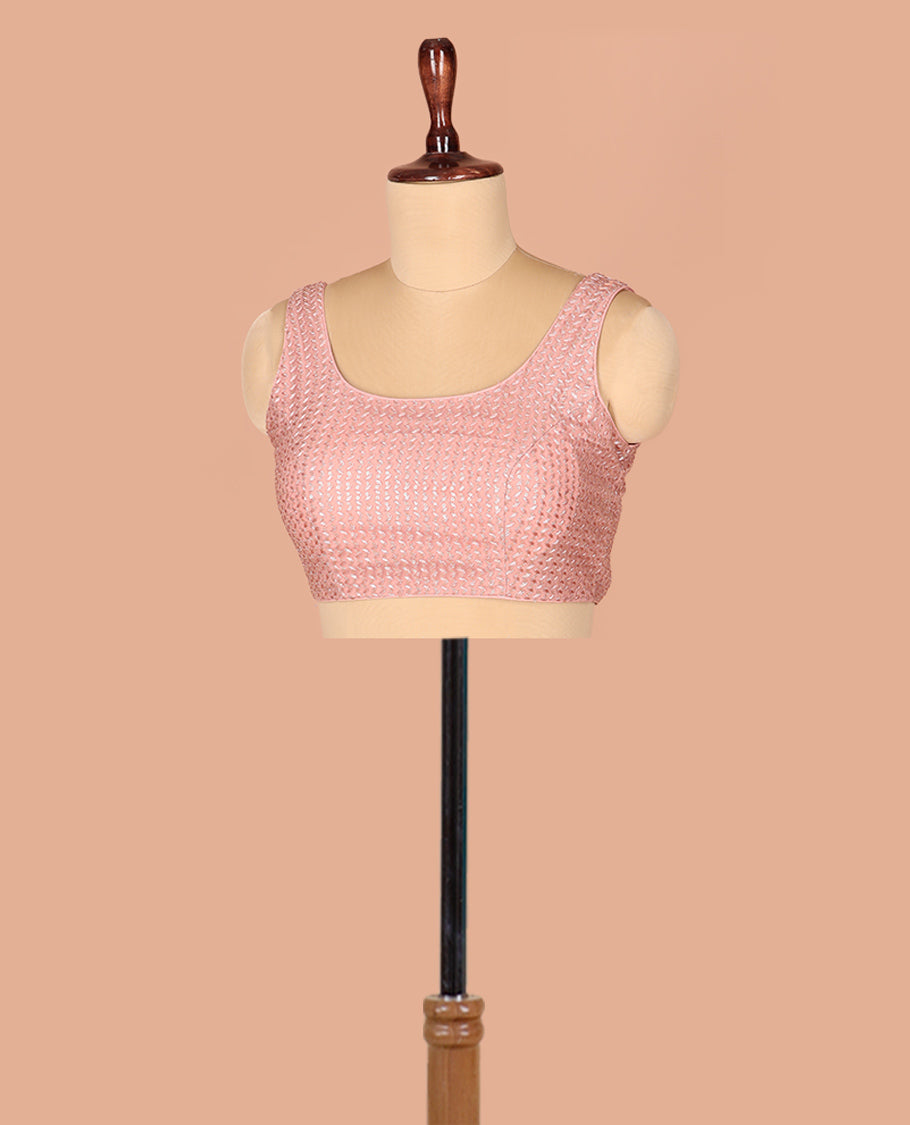 Pale Pink Readymade Blouse Gleamed Up with Thread and Sequins Embroidery, Featuring Front Round Neck, Back Round Neck with Rope, and Sleeveless