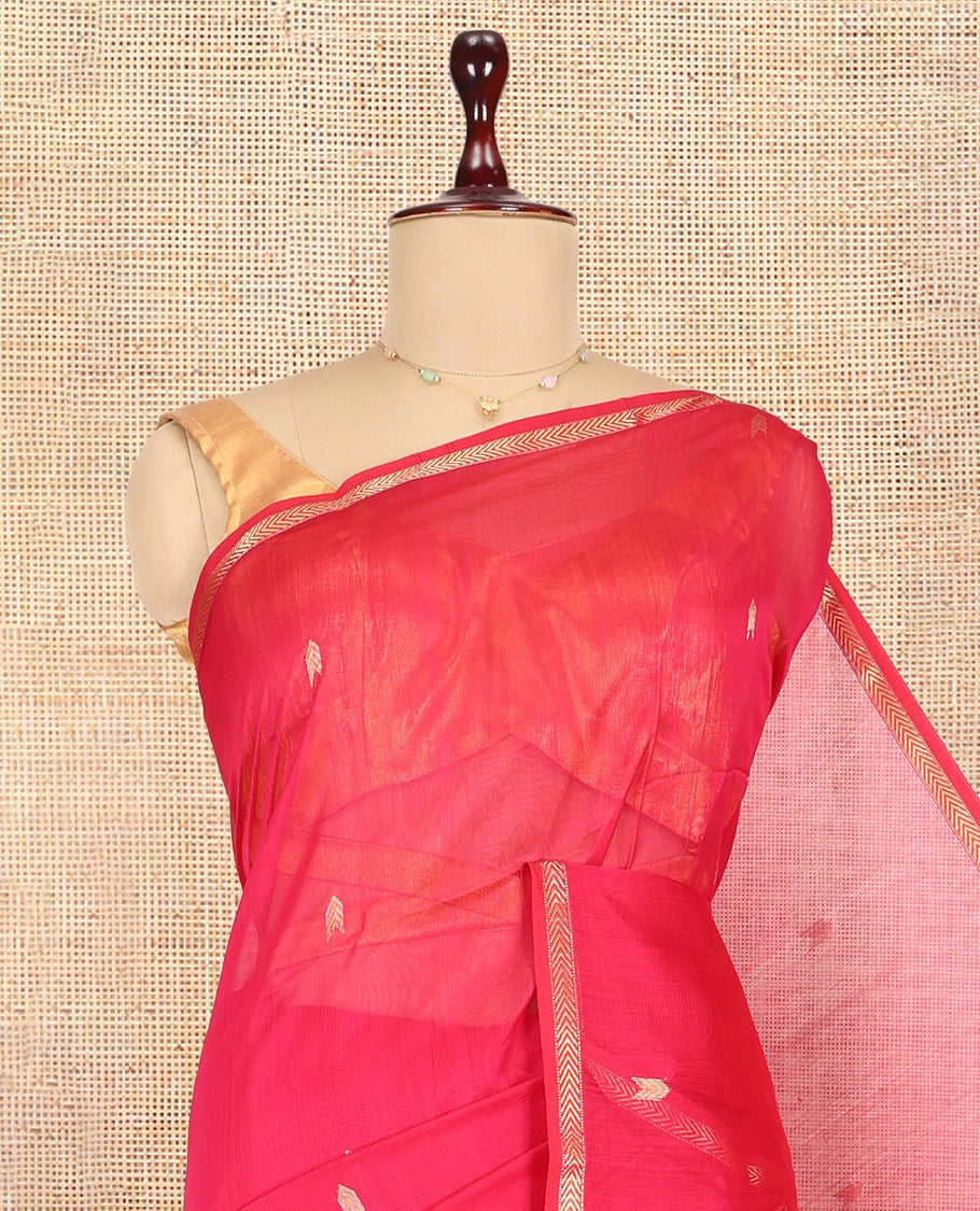 Red Maheshwari Cotton Saree, Detailed with Zari Buttas, a Zari Border, Zari Buttas Pallu, and a Matching Blouse