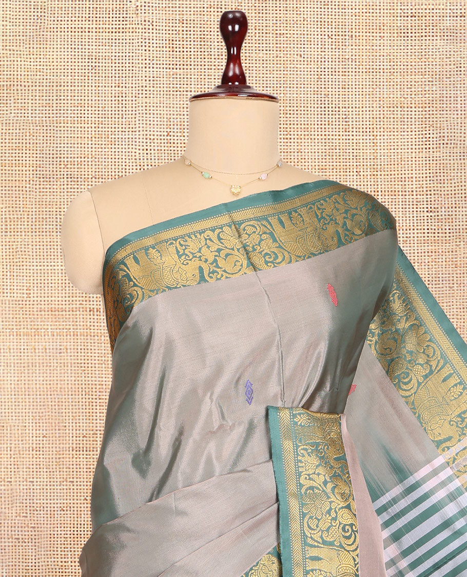 Grey Banana Pith Saree, Woven with Thread Buttas, a Contrast Elephant Border, Pallu of Buttas, and a Contrast Blouse