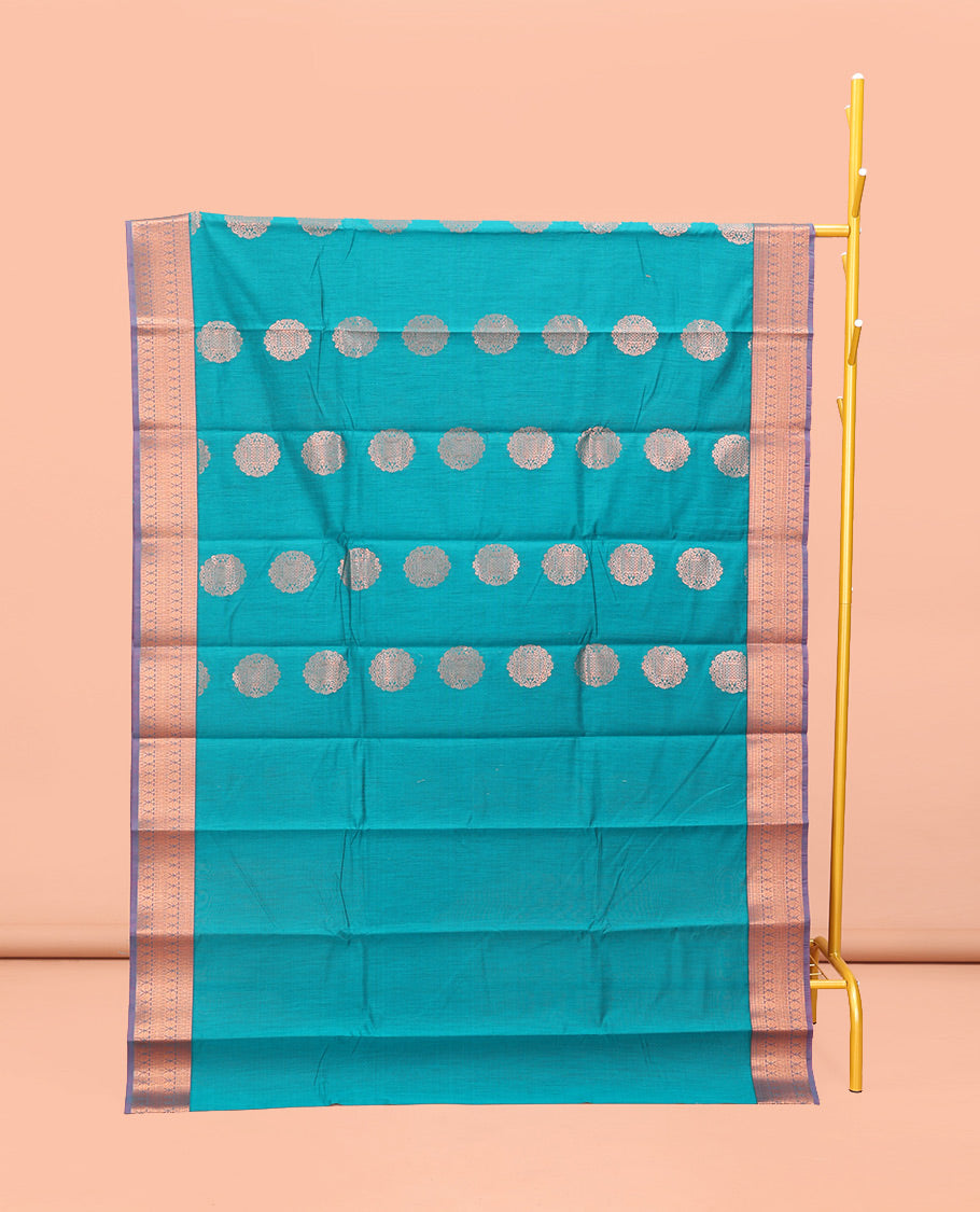 Blue Semi-Silk Cotton Saree, Delicately Woven with Zari Buttas All Over Its Body, Complemented by Contrast Traditional Zari Design Border, Pallu of Jaal Design, and Paired with a Matching Blouse