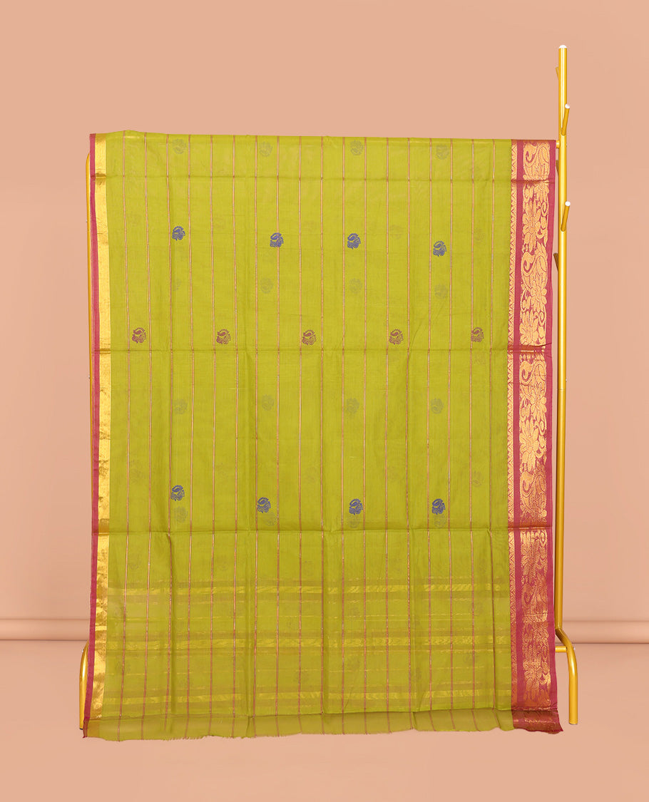 Green Venkatagiri Cotton Saree, Detailed with Peacock Buttas and Stripes, a Contrast Peacock Zari Border, Pallu of Buttas and Stripes, and No Blouse