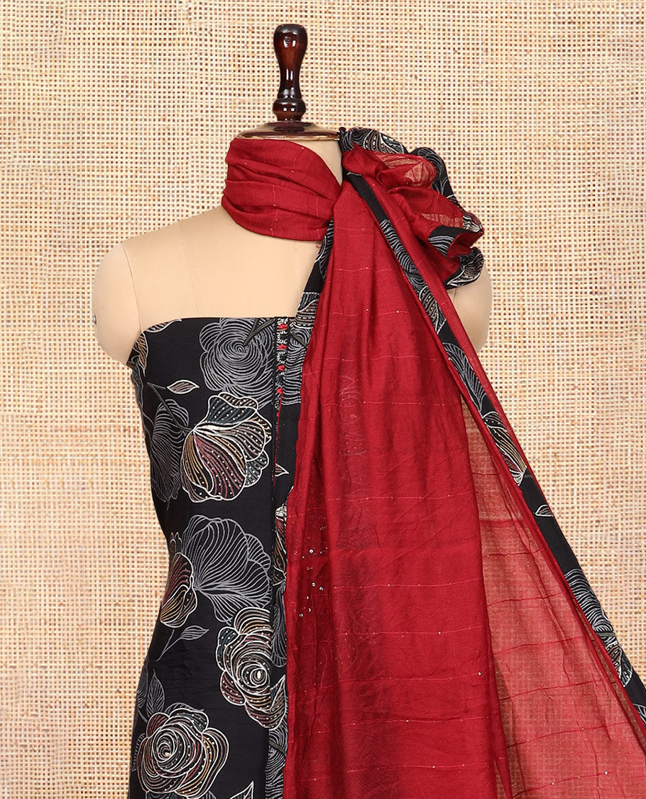 Black Vertican Silk Material Churidar Features Floral Printed Neck Work Top, a Contrast Bottom, a Sequins Striped Dupatta