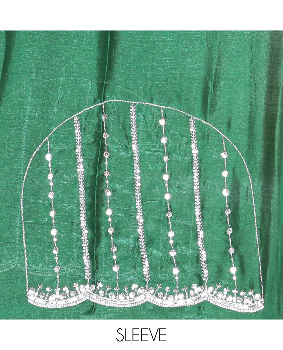 Green Fendy Chiffon Saree Highlighted with Sequins and Thread Stripes Embroidery, Scallop Embroidered Border, Elegantly Embroidered Pallu, and Paired with a Matching Blouse