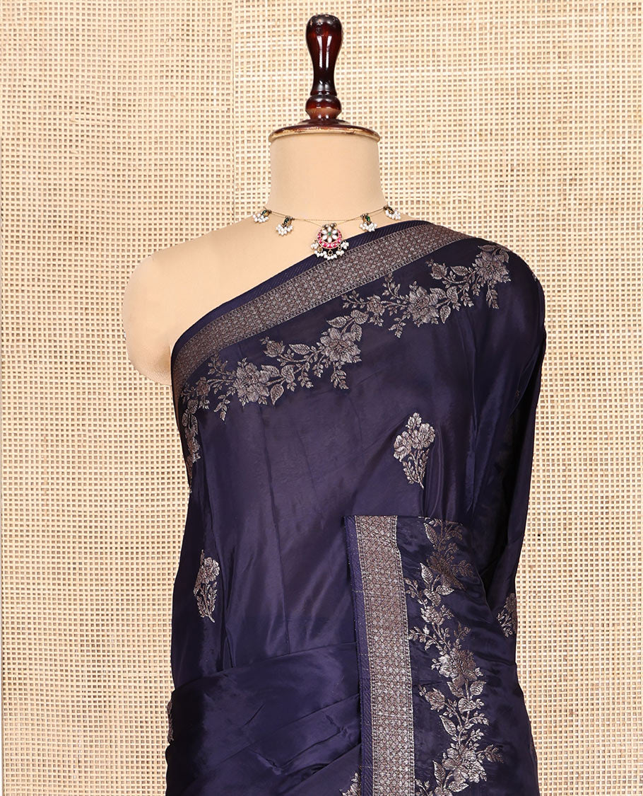 Navy Blue HO-Silk Saree, Adorned with Floral Zari Buttas All Over Its Body, Highlighted by Self-Border of Floral Creeper Designs, Floral Jaal Pallu and Paired with a Plain Blouse