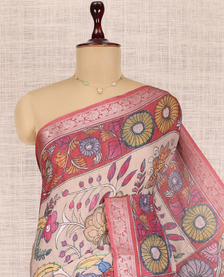 Pale Brown Kalamkari Printed Fancy Tussar Saree