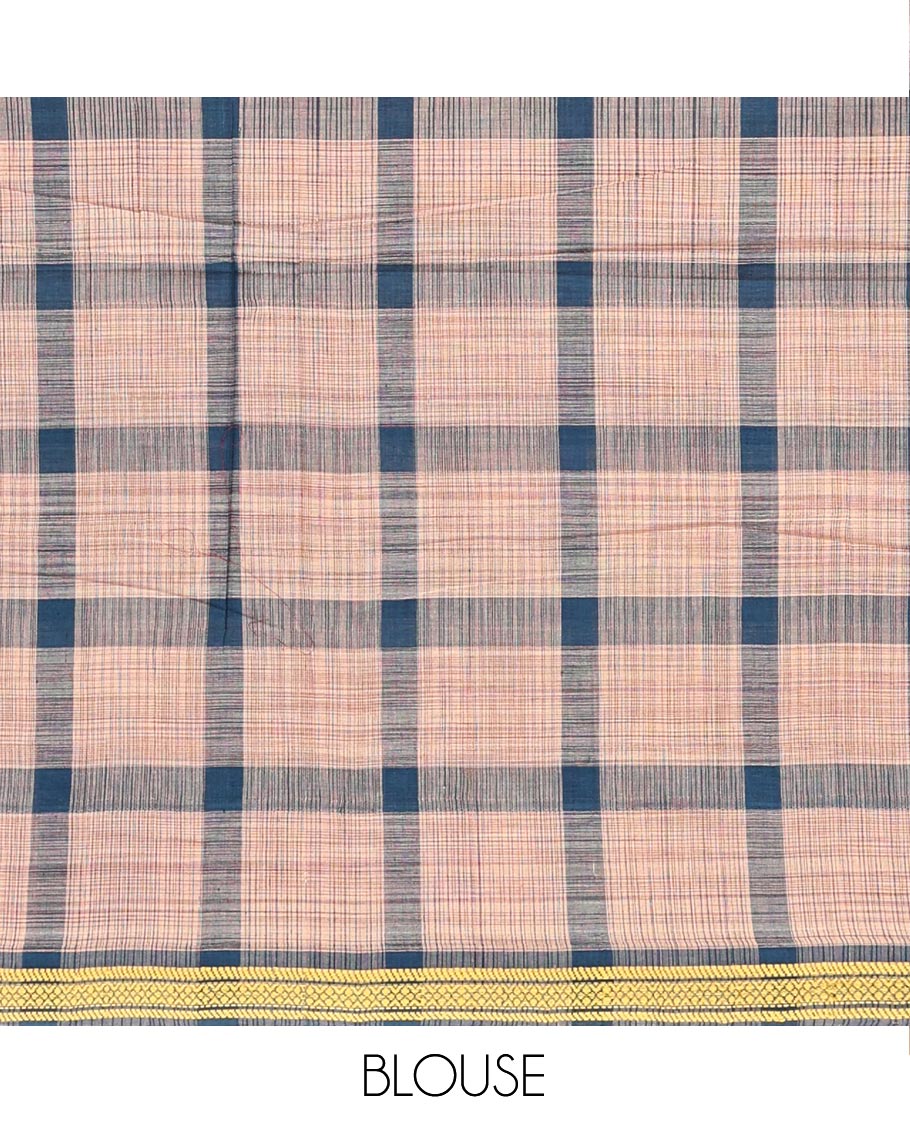 Peacock Blue Andhra Cotton Saree, Woven with Big Checked Design All Over Its Body, Subtly Sparked with a Traditional Border, Pallu of Stripes, and Paired with a Matching Blouse