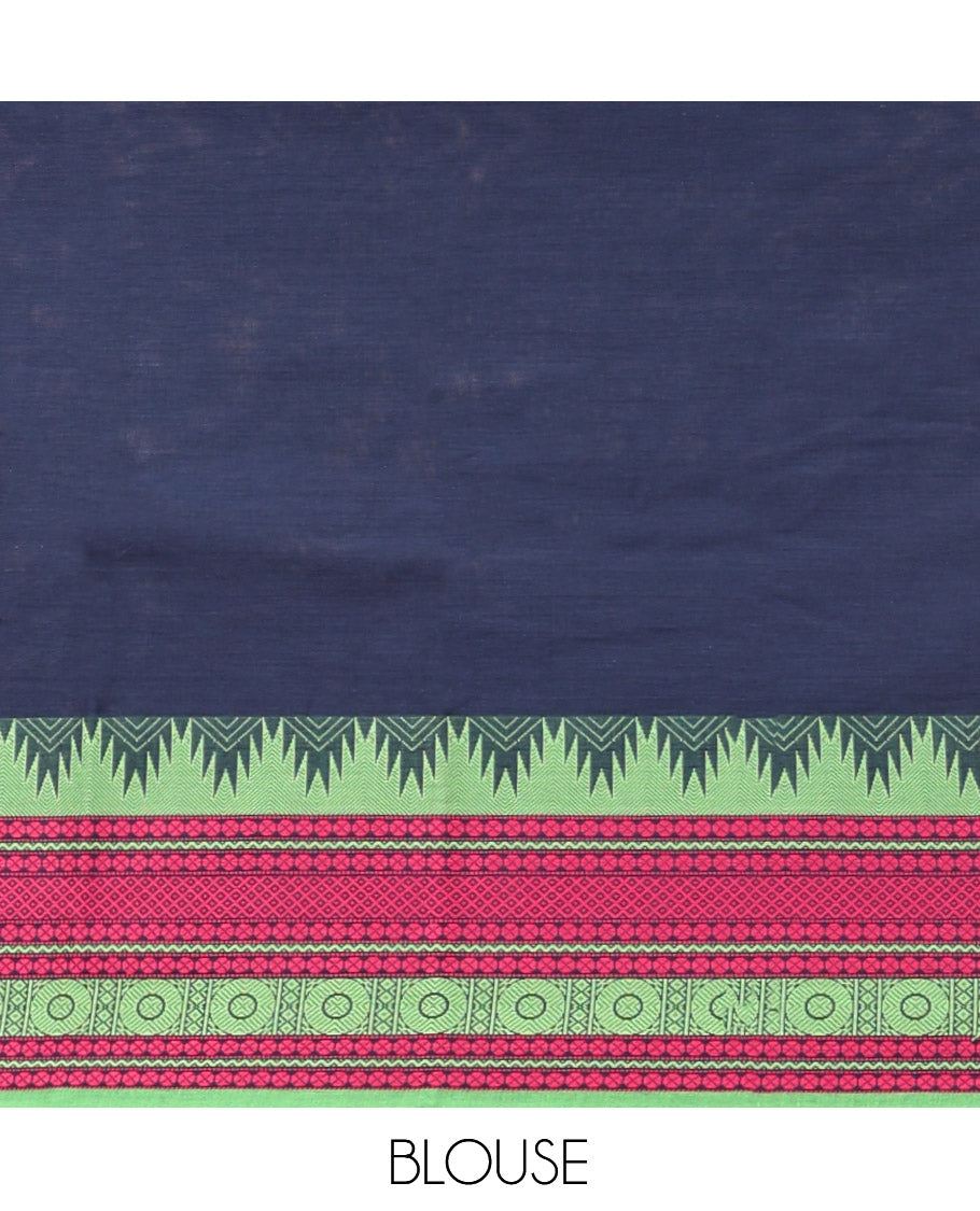 Navy Plain Chettinad Cotton Saree, Complemented by Contrast Temple Traditional Motifs Thread-Woven Border, Striped Pallu, and a Matching Blouse