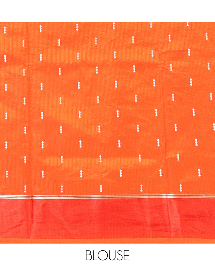 Orange Dupion Silk Saree, Richly Features Vertically Woven Traditional Patterns in Zari, Complemented by Contrast Zari Satin Border, Rich Pallu, and Paired with a Matching Blouse