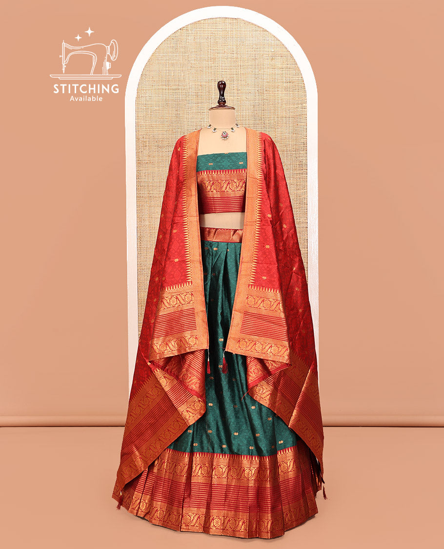 Green Art Silk Half Saree, Delicately Woven with Embossed and Buttas Skirt, Contrast Traditional Border, Matching Blouse, and a Contrast Dhavani