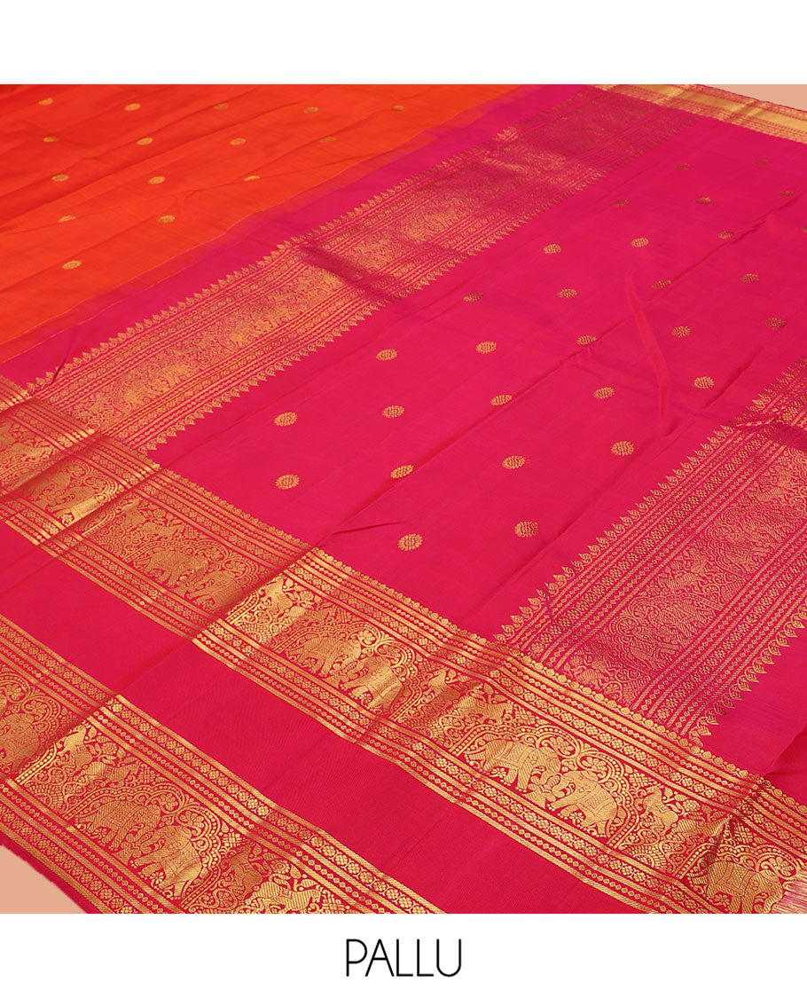 Orange Kanchipuram Silk Saree, Detailed with Zari Buttas, Complemented by Contrast Border of Banaras, Kamalam, and Yaanai Designs, Zari Woven Pallu, and Contrast Blouse