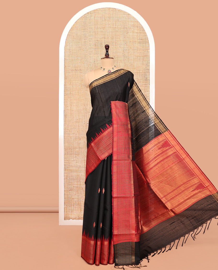 Black Dupion Silk Saree, Subtly Enriched with Buttas, Complemented by Contrast Temple-Checked Border, Temple Pallu, and a Contrast Blouse