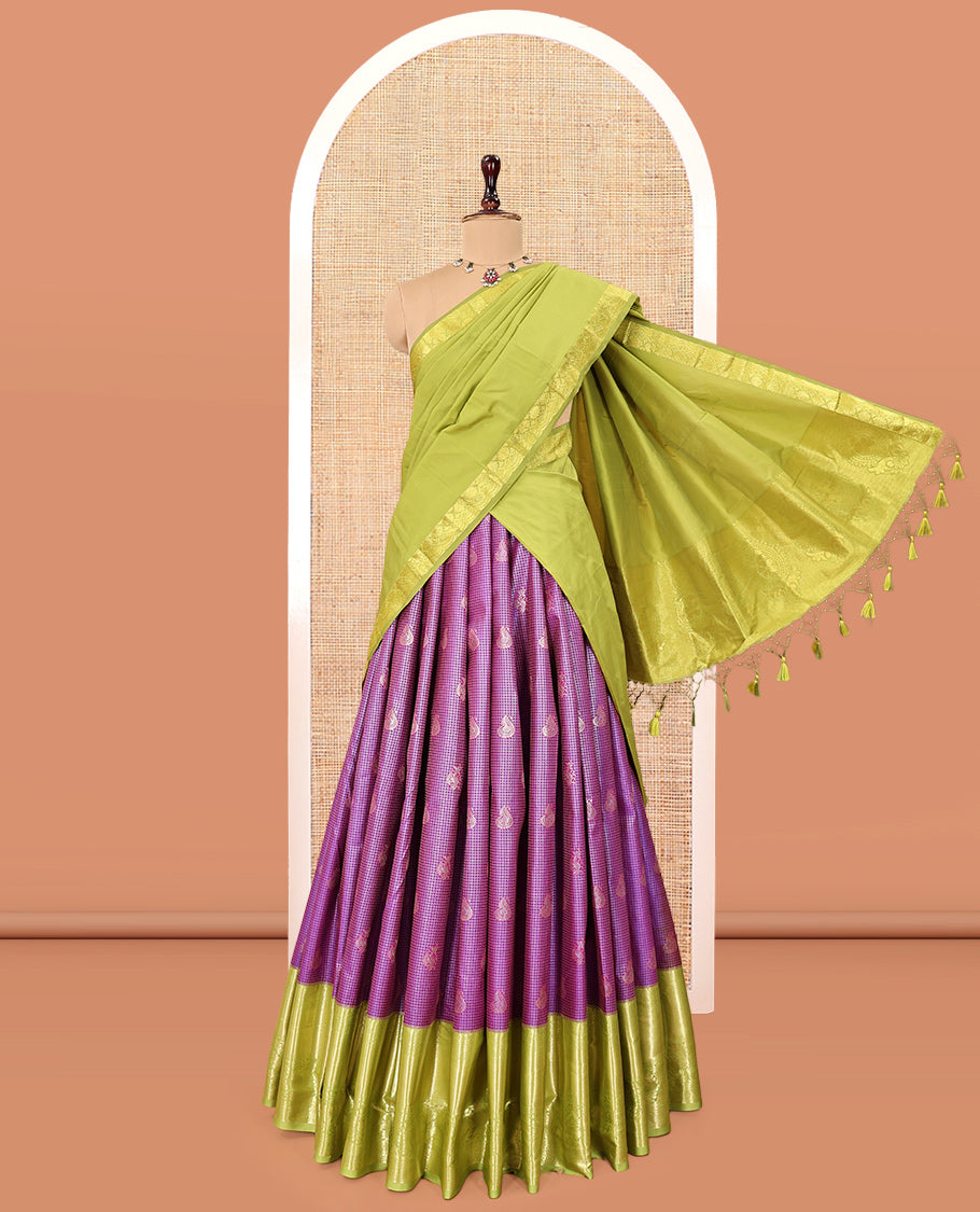 Violet Art Silk Material Half Saree, Decked Up with Jacquard Skirt, a Contrast Traditional Zari Border, Contrast Blouse, and an Intricate Dhavani