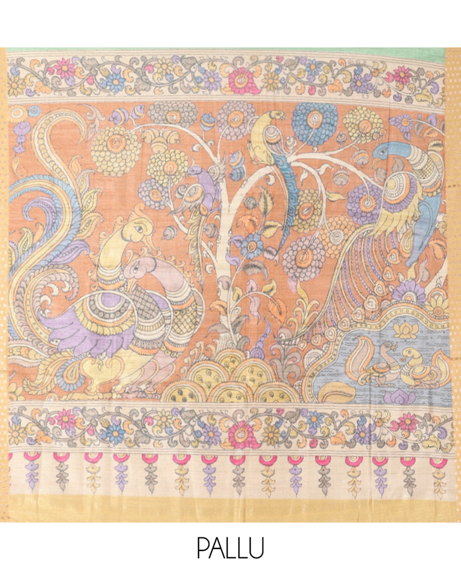 Green Plain Fancy Tussar Silk Saree, Contrast Triangle Motif Border, Pallu of Kalamkari Peacock Motifs, and Contrast Kalamkari Printed Blouse
