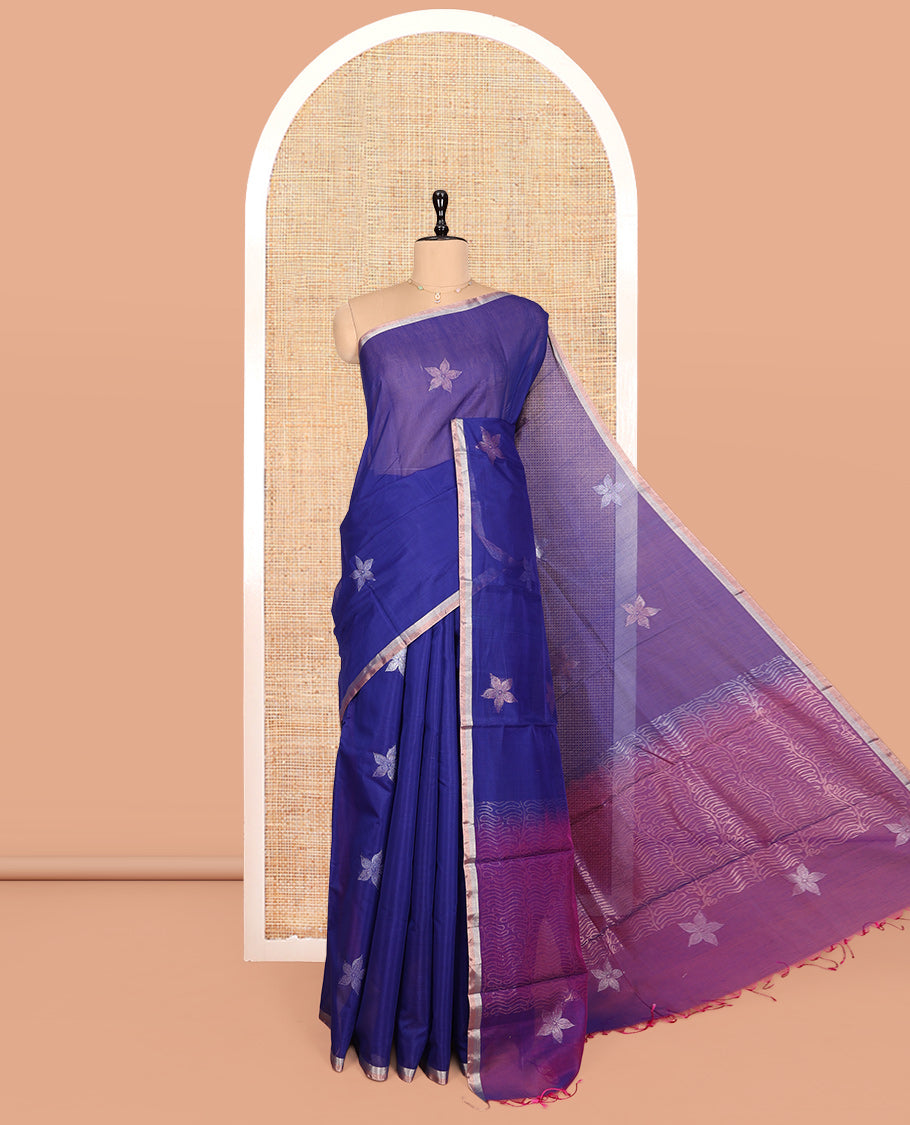 Blue Silk Cotton Saree, Woven with Floral Zari Buttas, Zari Striped Border, Contrast Geometric Patterned Pallu, and a Contrast Blouse