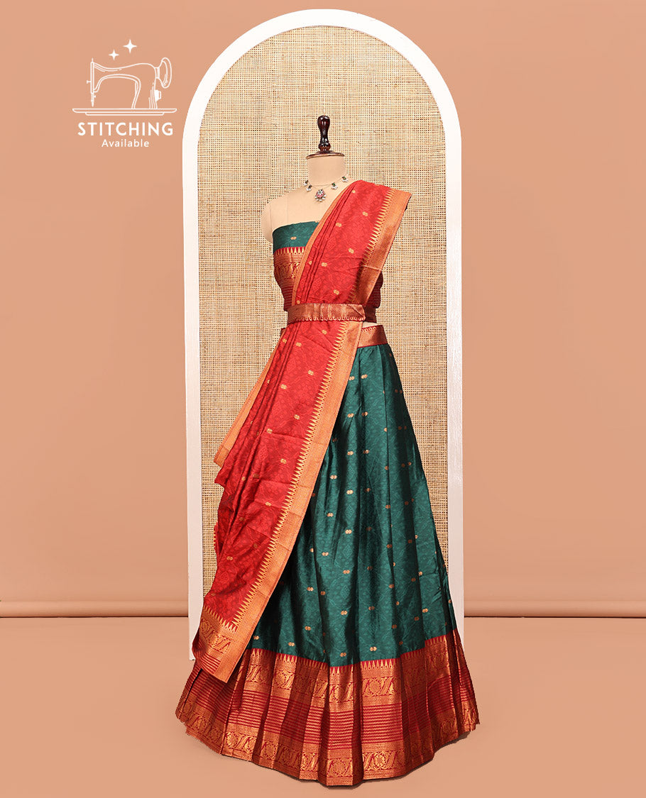 Green Art Silk Half Saree, Delicately Woven with Embossed and Buttas Skirt, Contrast Traditional Border, Matching Blouse, and a Contrast Dhavani