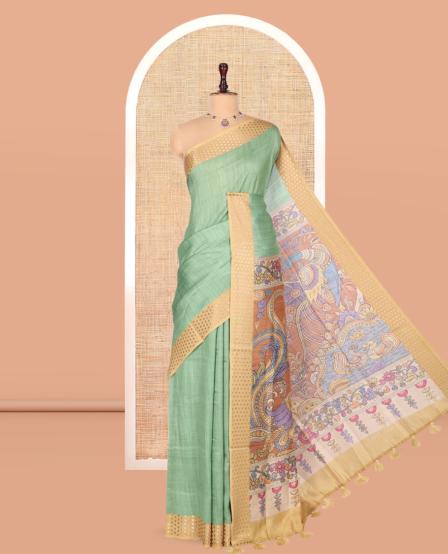 Green Plain Fancy Tussar Silk Saree, Contrast Triangle Motif Border, Pallu of Kalamkari Peacock Motifs, and Contrast Kalamkari Printed Blouse