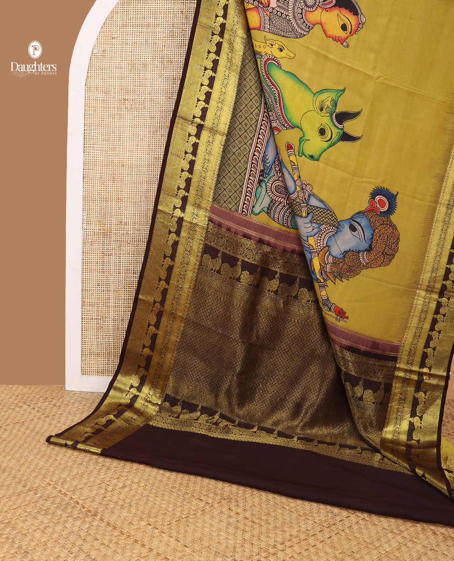 Mint green pichwai theme design kalamkari silk saree with contrast intricate zari design border & floral jaal design pallu
