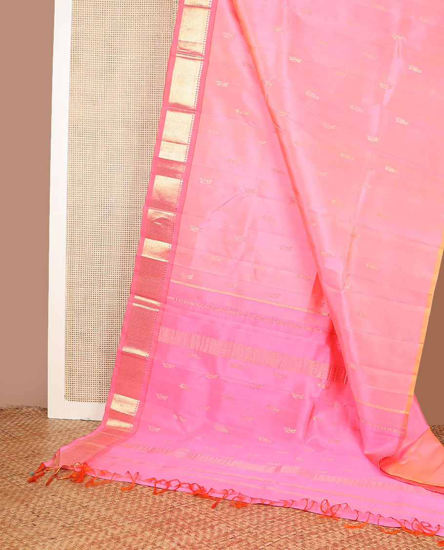 Pink zari buttas kanchipuram silk saree, contrast one-sided border of paneer sombu,banaras,muthu & jaal design & zari design pallu
