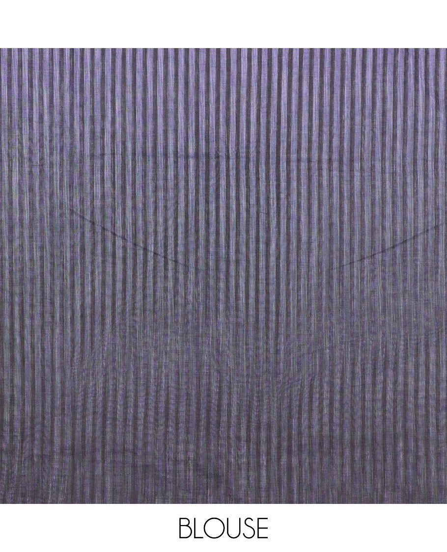 Borderless Lavender Linen Cotton Saree Beautified with Nature-Theme Print Featuring the Sun, Trees, and Birds All Over the Saree, Paired with a Striped Blouse