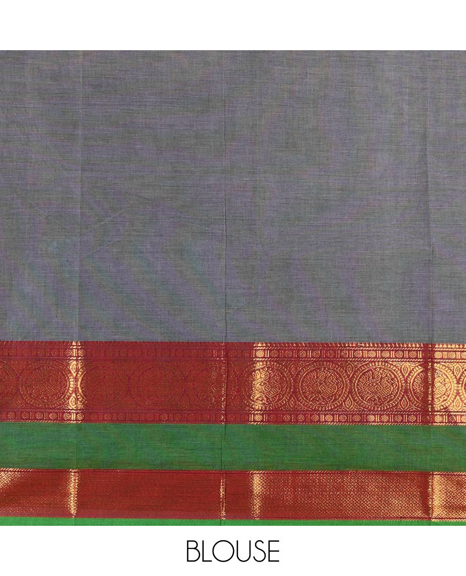 Grey plain Chettinad cotton saree, contrast traditional zari rettai pettu border, striped pallu, and a matching blouse