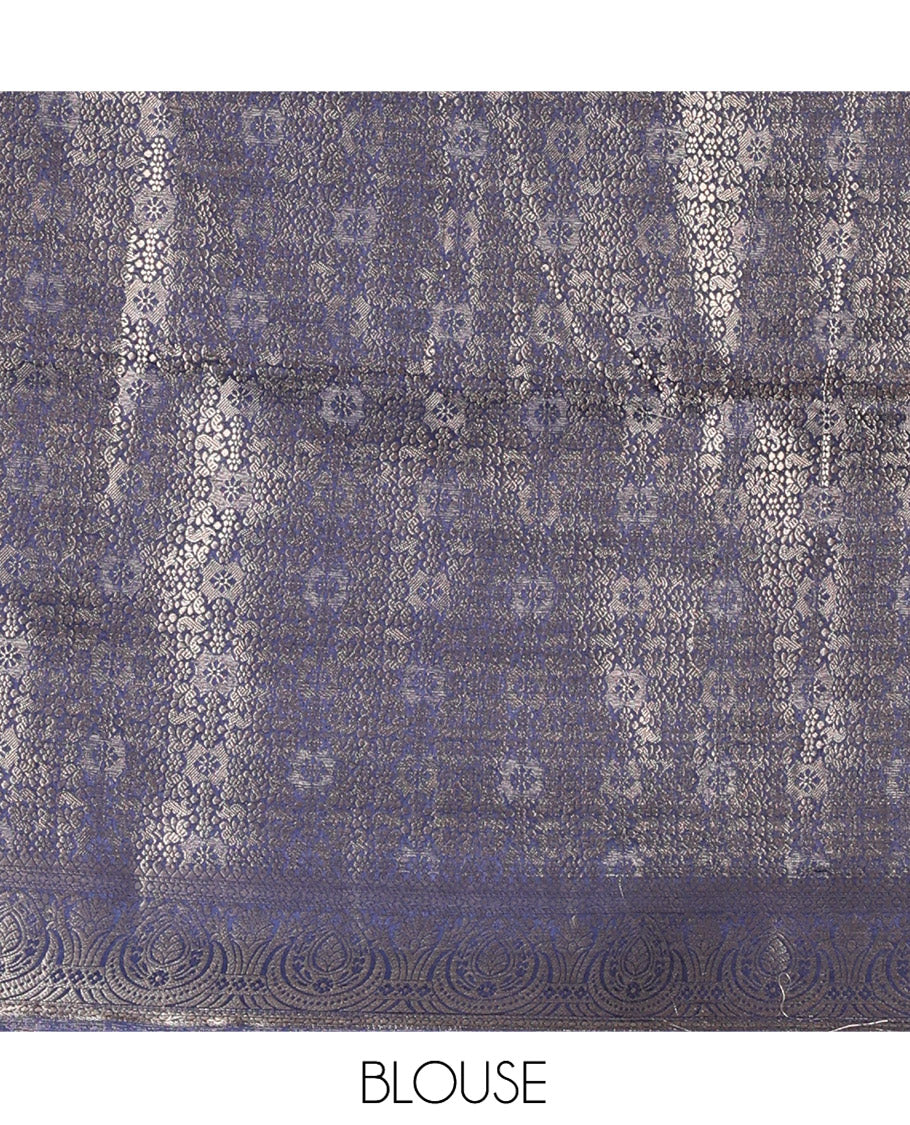 Navy Fancy Tussar Saree, Intricate Border, Grand Pallu, a Printed Blouse, Matching Brocade Blouse