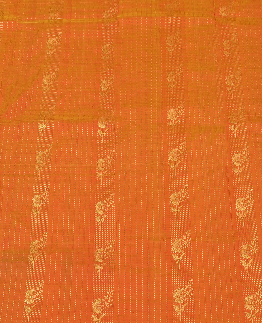 Orange Pure Silk Half-Saree, Woven with Zari Designs All Over Its Skirt, Complemented by Contrast Laddu Kamalam Border, Paired with a Contrast Blouse, and Comes with a Floral Design Dhavani