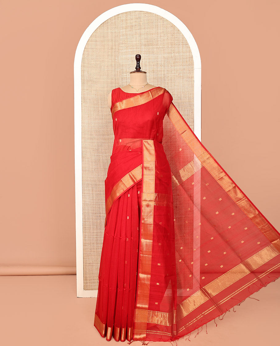 Red Maheshwari Cotton Saree, Adorned with Floral Buttas on Its Body, Highlighted by a Traditional Zari Design Border, Pallu of Zari Design, and Paired with a Matching Blouse