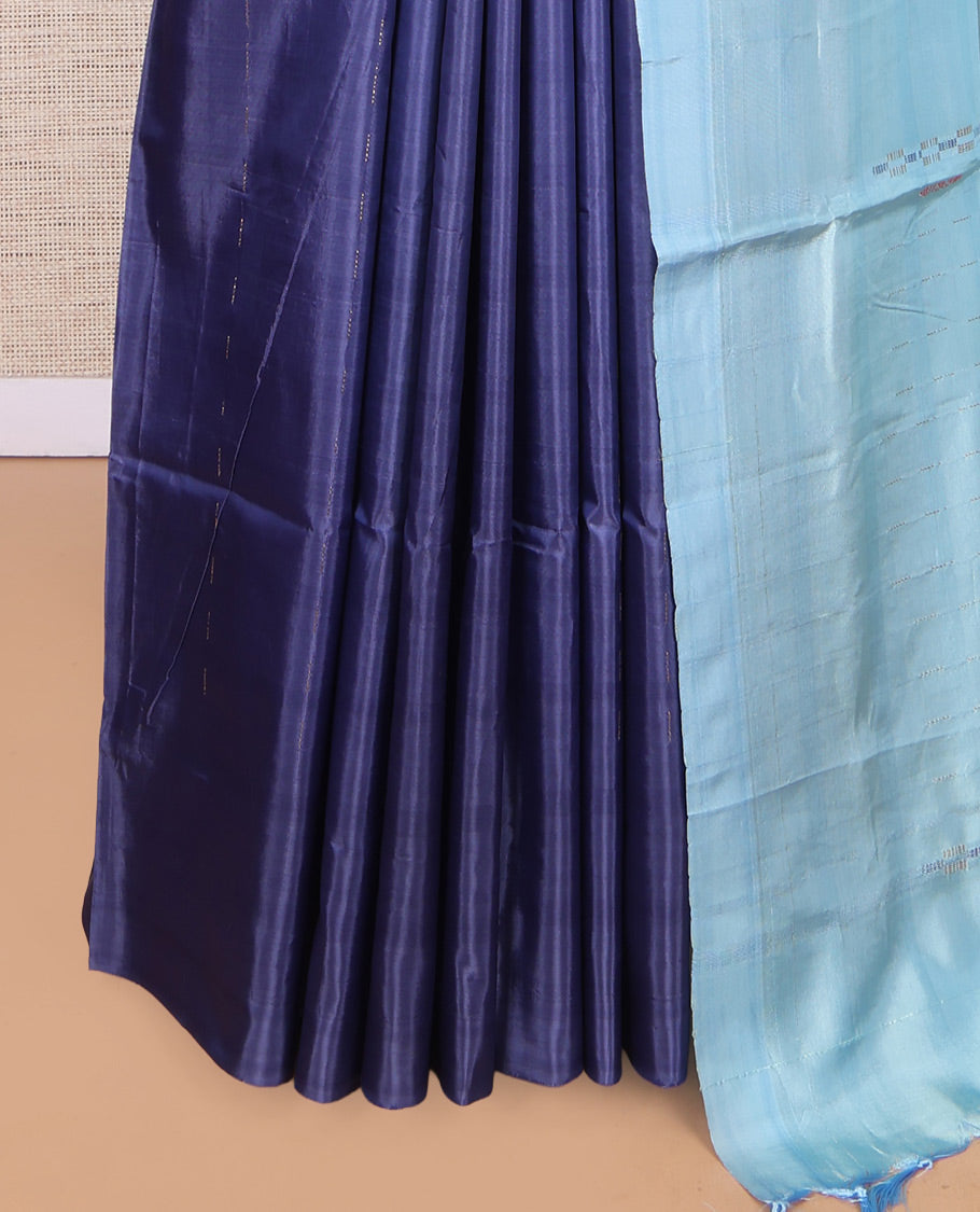 Borderless Blue Banana Pith Saree, Woven with Stripes and Buttas, a Contrast Pallu of Stripes, and a Contrast Blouse