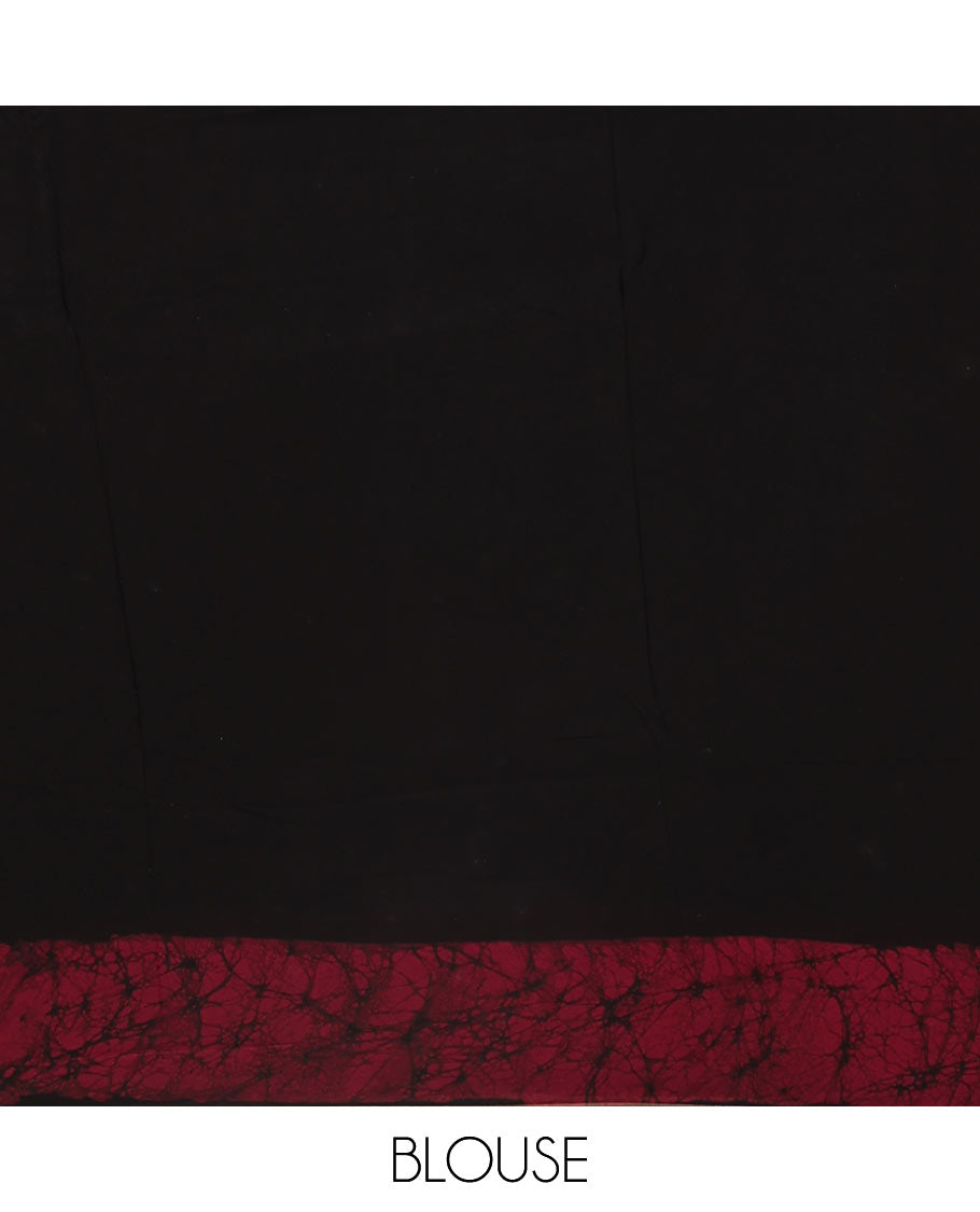 Black and purple plain georgette saree, batik printed border, batik printed checked pallu, and a matching blouse