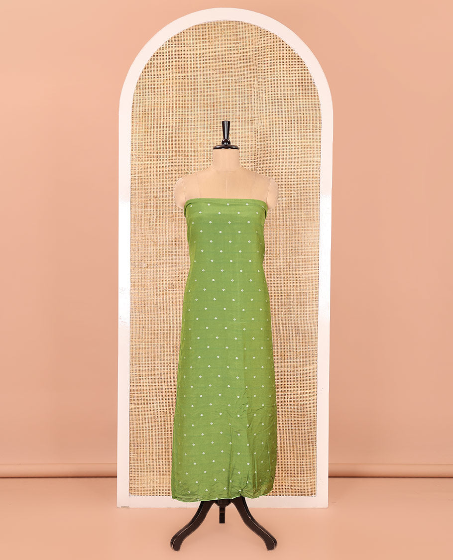 Green and Yellow Semi-Silk Material Churidar Set, Subtly Made with Bandhani Dots Print, Comes with a Plain Santoon Bottom, and Paired with a Double-Colored Dupatta of Bandhani Dots Print