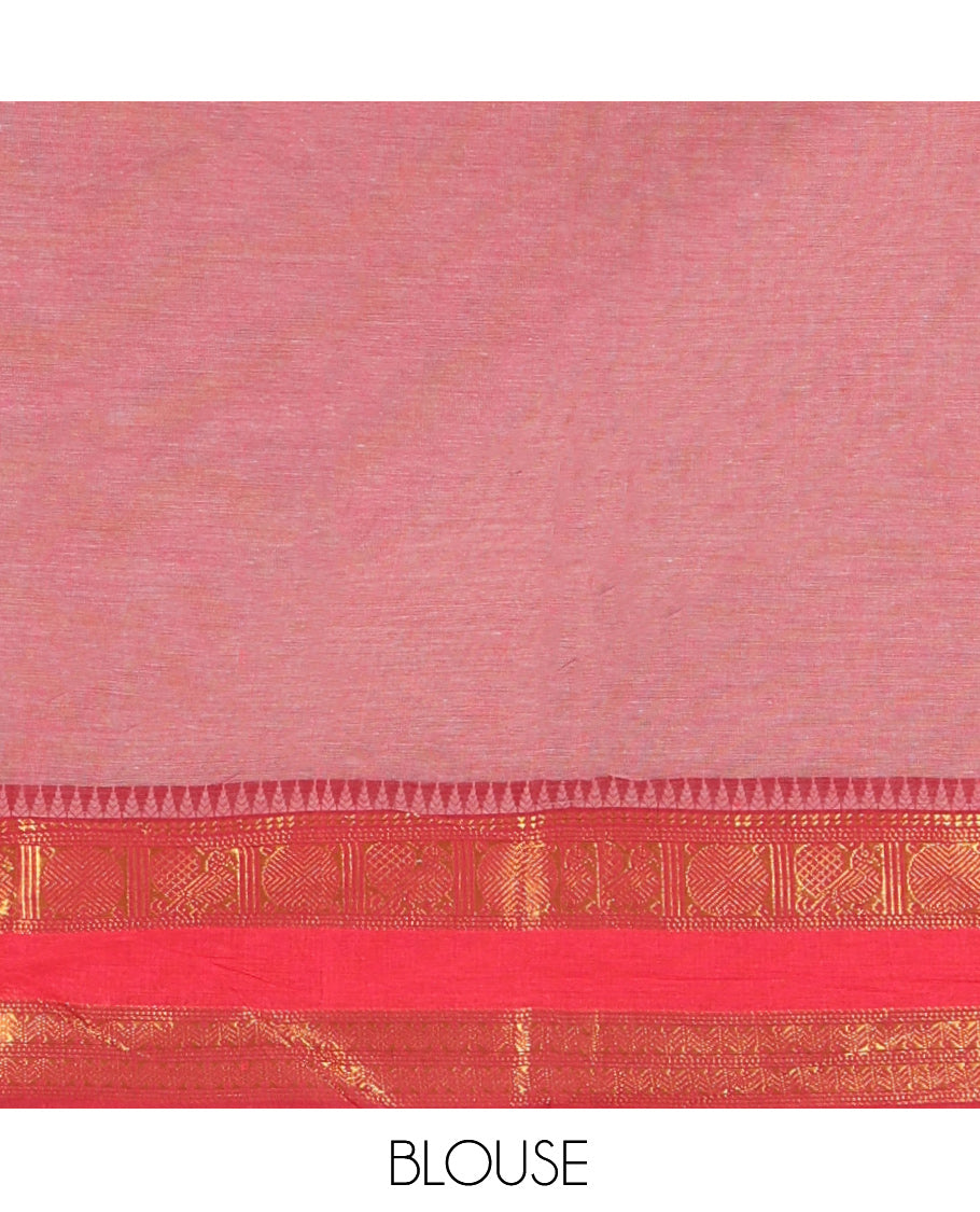 Grey-Red Andhra Cotton Saree, Decorated with Motifs Print, a Contrast Rettai Pettu Traditional Border, Pallu of Stripes, and Contrast Blouse
