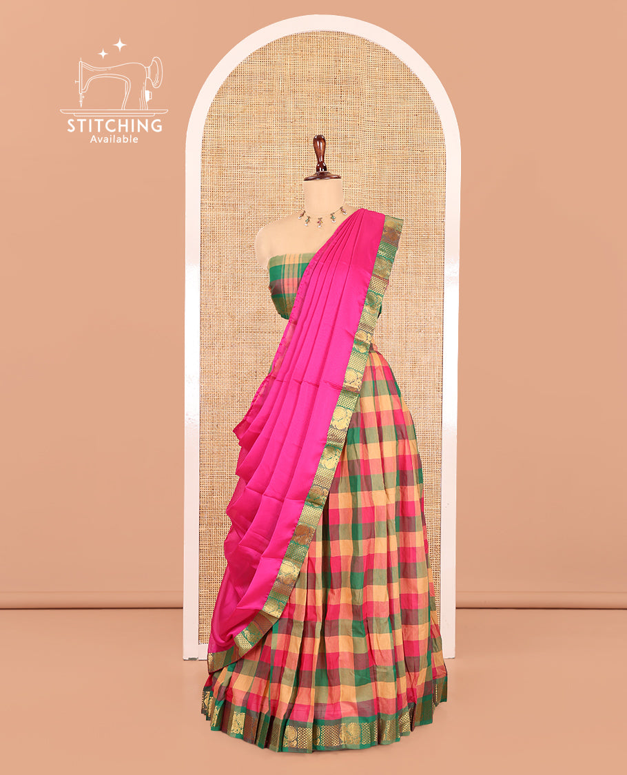 Multi-Color Chettinad Cotton Half Saree Features Checked Skirt, Peacock Border, Matching Blouse, Contrast Dhavani