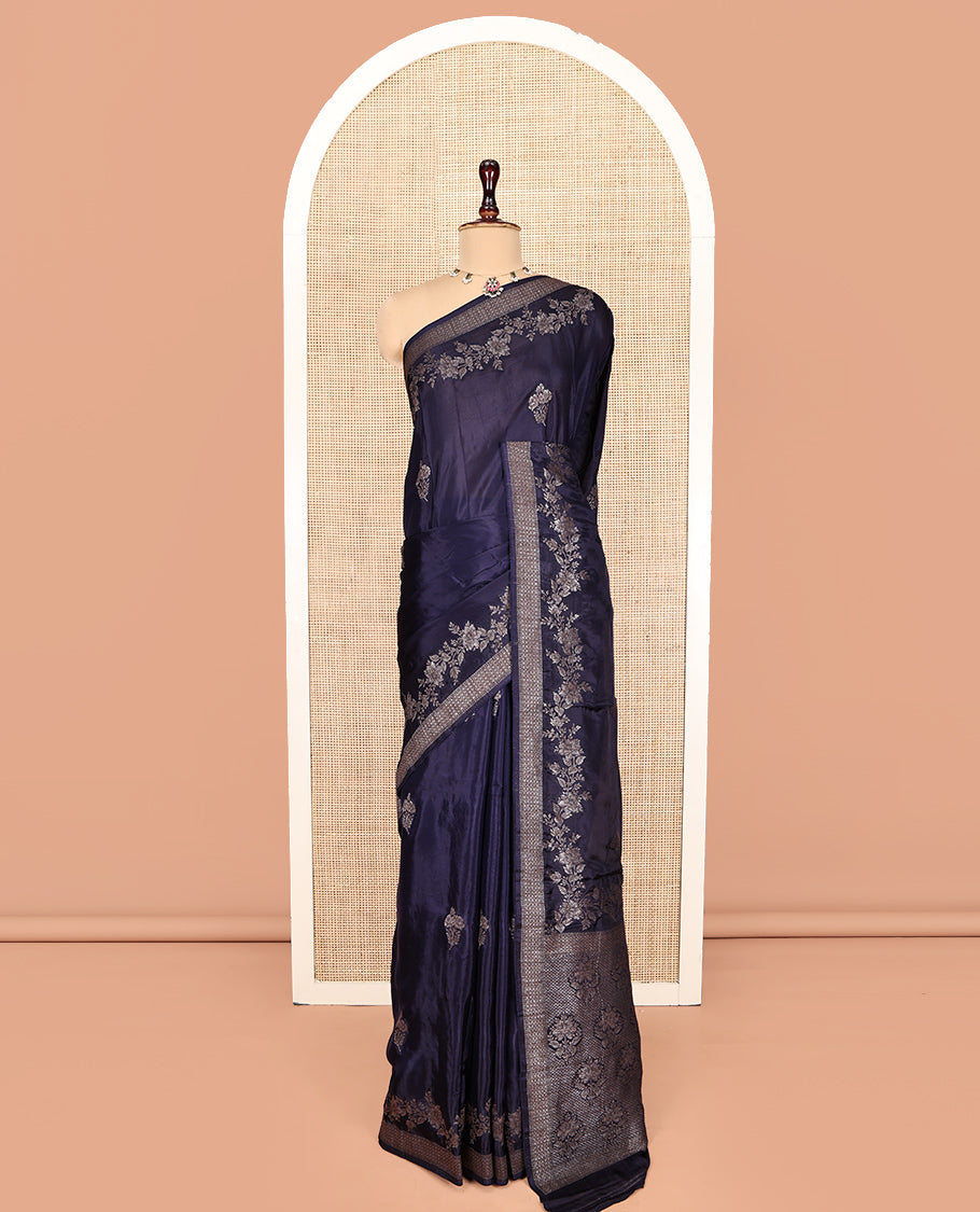 Navy Blue HO-Silk Saree, Adorned with Floral Zari Buttas All Over Its Body, Highlighted by Self-Border of Floral Creeper Designs, Floral Jaal Pallu and Paired with a Plain Blouse