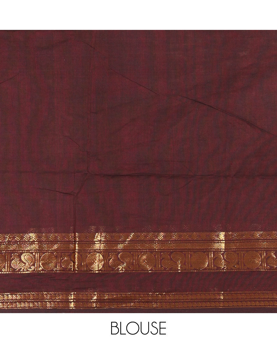 Coffee Brown Plain Chettinad Cotton Saree Elevated with a Gleaming Zari Rettai Pettu Border Featuring Peacock, Rudraksham, and Manga Designs, Subtly Striped Pallu, and Paired with a Matching Blouse