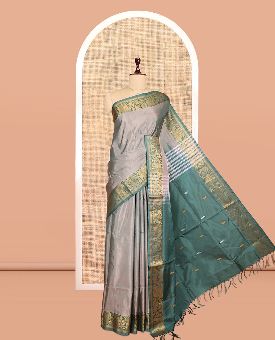 Grey Banana Pith Saree, Woven with Thread Buttas, a Contrast Elephant Border, Pallu of Buttas, and a Contrast Blouse